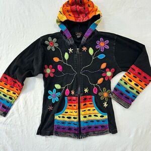 Y2k Boho Art Teacher Rainbow Patchwork Hoodie —  By Rising International S / M